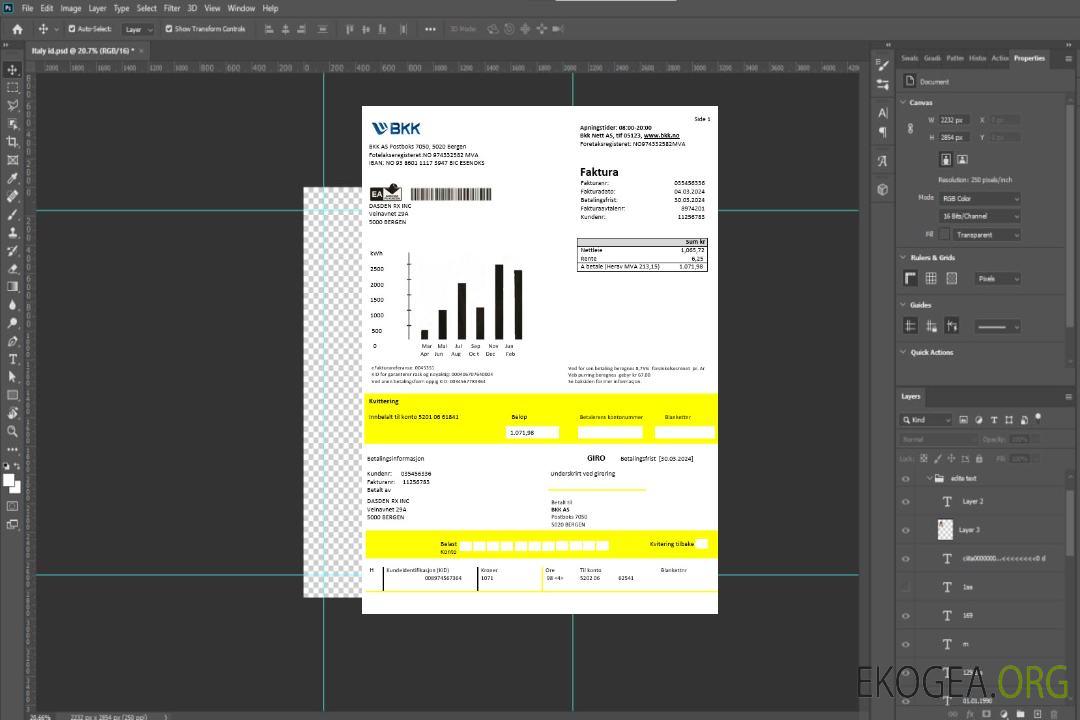 Modèle de facture de services publics d'électricité de Norvège BKK aux formats Word et PDF, bon pour prouver l'adresse template